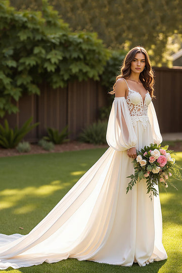 Ivory Chiffon A Line Court Train Wedding Dress with Lace Appliques
